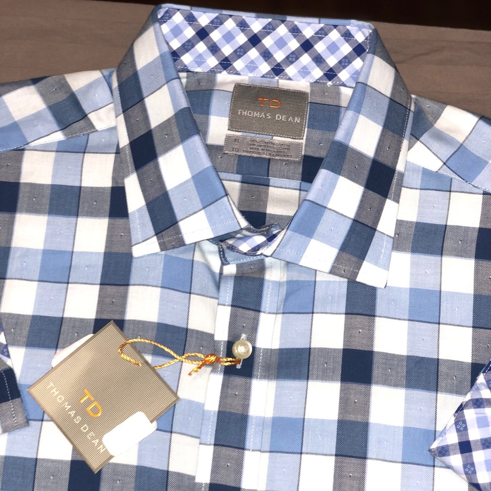 Thomas Dean Blue Gingham Button Down Sport Shirt